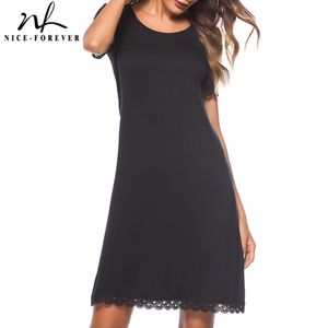 Nice-Forever Verão Causal Caudal Black Color com Rendas Retalhos Vestidos Mulheres Mudança Reta Solta Vestido Byt029 210419