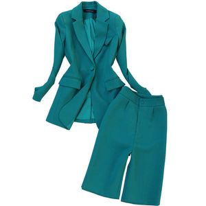 Wiosna i jesieni damskie spodnie garnitur 2-częściowy wysokiej jakości Temperament Panie Zielona Kurtka Slim-Fit High-Paisted Pięć punktów 210527