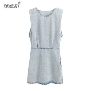 Kvinnor Chic Fashion Ärmlös Denim Mini Dress Vintage Elegant O Neck Klänningar Kvinna Outfits 210531