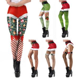 VIP Fashion Christmas Belt Leggings Present Höst Vinterfestival Legging Plus Size Women 3D Stripe Sexig High Waist Skinny Leggins 211215