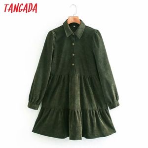Women Green Corduroy Shirt Turn Down Collar Long Sleeve Ladies Mini Dress Vestidos XN157 210416