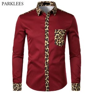 Rotes Hemd Männer Leopardenmuster Männer Kleid Hemden Marke Langarm Button Up Hemd Herrenmode Casual Slim Fit Männer Kleidung USA Größe 210524