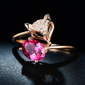 Fox Vermelho Cristal Ruby Gemstones Anéis Para As Mulheres Garota dela Rose Gold Zircon Diamantes Doce Romântico Jóias Festa De Natal Presente