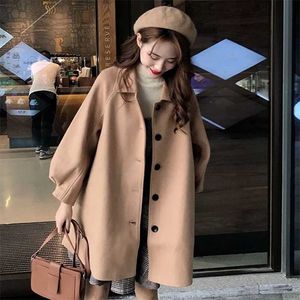 Autumn Winter Classic Women Overcoats Casual Lapel Single-breasted Loose Wool Coats Vintage Long Sleeve Chic Female Outwear 211104