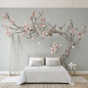 Carta da parati 3D Moderna Stereo Rosa Magnolia Ramo di un albero Foto Murales Soggiorno TV Divano Camera da letto Decorazioni per la casa Sfondo Affresco