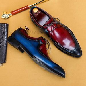 Luxury Brand Italian Cow Leather Dress Shoes Mens New Fashion Lace-up Blue Red Wedding Office Formal Oxford Shoes For Men