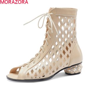 Morazora Stor storlek 33-44 Kvinnor Stövlar Äkta Läder Sommar Stövlar Lågklackat Toe Fashion Casual Shoes Ankel Boots 210506