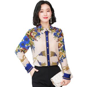 Women's Blouses & Shirts 2021 Spring Autumn Women Plus Size Long Sleeve Blouse High Quality Vintage Flowers Print Silk Shirt Casual Tops