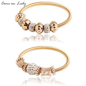 Wholesale spring come for sale - Group buy Come On Lady Fashion Crystal Ball Full Rhinestone Gold Color Charm Bracelet Bangle For Women Adjustable Spring Chain Br022