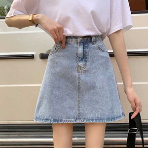 LY Varey Lin Summer Women Casual High Waist Mini Denim Spódnice Słodka Kobieta Solid Color Blue A-Line Jean 210526