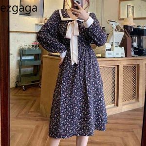 Ezgaga Sweet Dress Women French Style Floral Printed Vintage Long Sleeve High Waist Bowknot Lace Up Elegant Dress Vestidos 210430