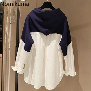 Nomikuma mode patchwork hooded kvinnor blus kausal våren ny skjorta koreanska långärmad knappar pullover toppar 6g343 210427