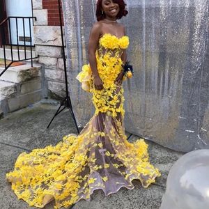 Żółty 3d kwiaty Czarowna suknia Prom Formalna Syrenka Wieczorowa Sukienka Patrz Przez Afrykańscy Sukienki Korownicze Robe De Soiree