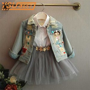 Frühling Mädchen Denim Jacke Stickerei Kleidung Langarm Mantel Meerjungfrau Kinder Oberbekleidung Mäntel 211011