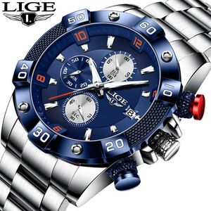 LIGE Fashion Blue Design Quartz Clock Mens Watches Top Brand Luxury Watch For Men All Steel Waterproof Sport Chronograph+Box 210527