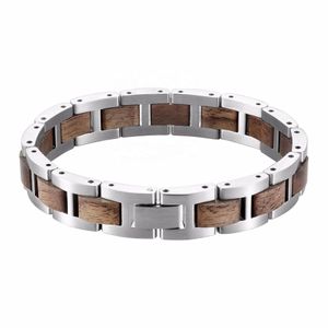 SellingProducts Niestandardowa bransoletka ze stali nierdzewnej Walnut Wood Bransoletka Mężczyźni Silver Wristband