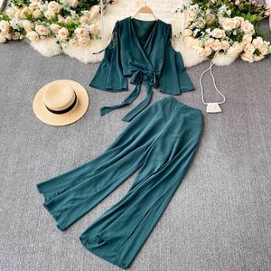 Singreiny Women Summer Chic Korean Suit Sexy Off Shoulder Chiffon Short Tops + High Waist Wide Leg Split Långbyxor Två Piece Set 210419