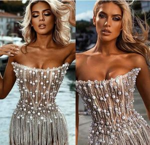 Evening dress women dress Yousef aljasmi Sheath Tassel Pearls Long sleeve Crystals Strapless Kim kardashian Kylie jenner