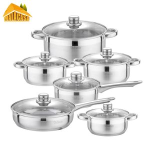 Velazze Cookware Set 12-delige keuken Roestvrijstalen Cooking Pot Pan Sets, Induction Safe, Steelpan, Casserole, Pan met Glas Deksel Keukengerei