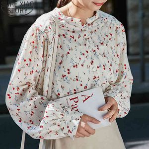 Floral Puff Chiffon Shirts Button Cardigan Ladies Tops Autumn Office Loose Long Sleeve Women Blouse 10203 210417