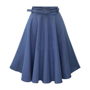 Tfetters Spring Preppy Style A-Shaped Lady's Skirt Kvinnor Hög midja Fluffy Knee Längd Belt Campus Studenter 210708