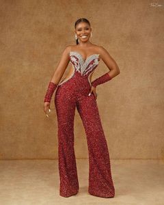 Sexy Red 2021 Sequined Jumpsuit Prom Dresses Aso Ebi Arabic Sheer Neck African Beaded Evening Gowns Plus Size Reception Second Dress