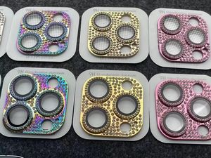 9h härdat glas aluminium metallkamera linsskydd för iPhone 15 14 plus 13 pro max mini 12 11 Rainbow Bling Diamond Rhinestone Fine Hole Mobile Camera Film