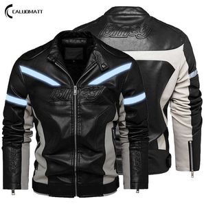 春秋のレザージャケット男性ビンテージスタイルのオートバイのジャケットスタンドカラーバイカーコートメンズレトロレザーコートファッション服211009