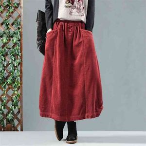 Осенние искусства стиль женщин высокая талия стария винтажного хлопка вельверов длинная юбка двойной карманный свободные повседневные твердые а-линия юбки M268 210512