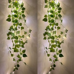 2M/ 20 LED Artificial Greenery Plants Luminous Cane Green Leaf Ivy Vine Fairy Light String Garland For Home Wedding DIY Decoration