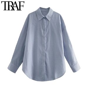 Traf Women Fashion Oversited Boczne otwory w paski Bluzki Vintage Button-U-Up Koszulki Blusas Chic Tops 210415