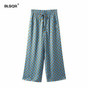 Women Vintage Dot Print Wide Leg Pants Pockets Drawstring Elastic Waist Ladies Streetwear Casual Trousers 210430