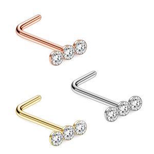 20G Surgical Steel Triple Linear Gem Ball Round CZ Nose Stud Rings L Shaped Piercing Jewelry