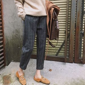 Calças xadrez estilo elegante para mulheres outono casual solta elástica cintura magro calças harajuku fêmea cinzento-comprimento harem calças 210419