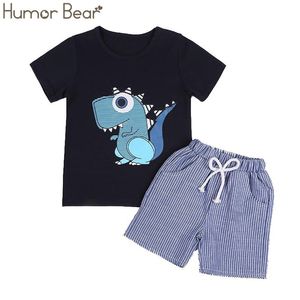 Crianças roupas menino conjuntos desenho design t-shirt + calças listradas 2 pcs bebê meninos crianças 210611