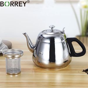 BORREY 2L Silver Teapot Stainless Steel Infuser Filter Metal Coffee Pot Gas Stove Induction Cooker Kettle el 210813
