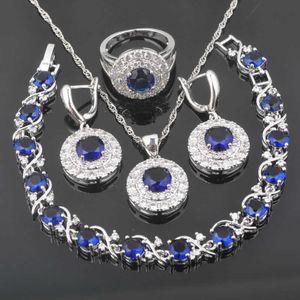 Jóias de casamento elegante conjuntos de prata zircão azul banhado para mulheres bracelete colar brincos de pingente anel brithday presente qs0269 h1022