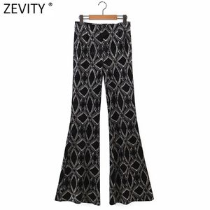 Women Vintage Geometric Print Shinning Velvet Flare Pants Female Chic Side Zipper Fly Casual Slim Long Trousers P989 210420