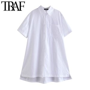 TRAF Women Chic Fashion Loose Asymmetry Poplin Mini Shirt Dress Vintage Short Sleeve Side Vents Female Dresses Vestidos 210415