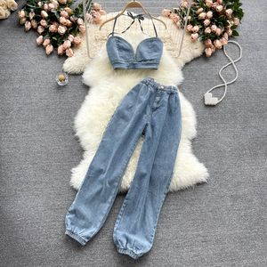 SINGREINY Donna Estate Coreano Retro Denim Set Sexy senza maniche Cinturino senza schienale Top corto + Pantaloni lunghi a vita alta Abiti a due pezzi 210419