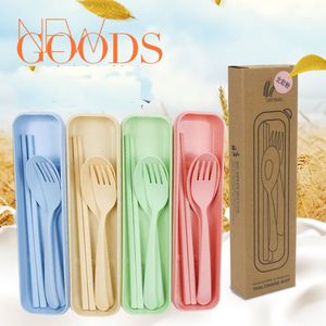 4 Sets Portable Cutlery Wheat Straw Cutlery Reusable Spoon Chopsticks Fork Tableware set for Kids Adult Travel Picnic Camping Kitchen Europe Style Daily Use