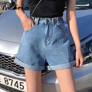 Tataria High Waist Jeans Shorts für Damen Sommer Retro Crimping Denim Wear Wild A Word Wide Leg Short Pants 210514