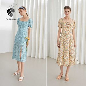 Fansilanen Office Lady Francuzi Floral A-Line Sukienka Lato Styl Kwadratowy Neck Niebieska Żółta Długa Spódnica Kobiety Słodkie 210607