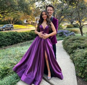 2021 Sexy Long V-Neck Taffeta Evening Dresses with Pokcets A-Line Corset Back Purple Prom Party Gowns Split Abendkleider for Women Plus Size