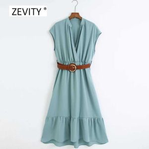 Women elegant v neck solid color casual slim business dress office ladies buckle sahses hem pleats midi Dresses DS4108 210603