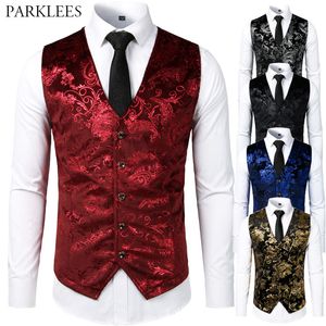 Homens Jacquard Vest Floral Luxo Luxo Bronzing Homens Terno Coletes Nightclub Party Homens Vestido Vista Casual Mens Wedding Wedding Gilet 210524