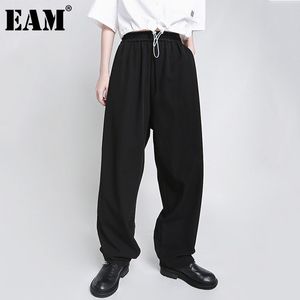 [Eam] Alta cintura elástica grande tamanho grande grande perna larga calças casuais calças soltas moda moda primavera outono 1d7093 21512