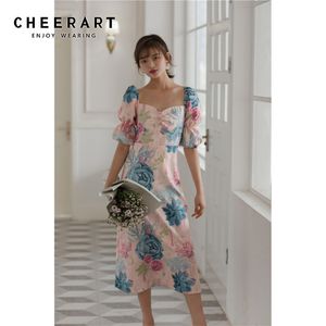 Vintage Pink Floral Print Puff Sleeve Long Midi Dress Women Elegant Backless Short Strapless Summer 210427