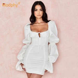 Arrival White Puff Long Sleeve Corset Dress Casual Party Club Women Sexy Backless Mini Bodycon Female Clothing 210527