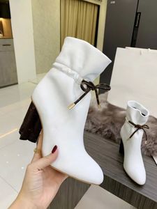 Fashion Luxury High Heel Boots Designer cowhide Real leather Black White Classic Plum Blossom Heels Letter Slip On Ankle Booties Size 34-42